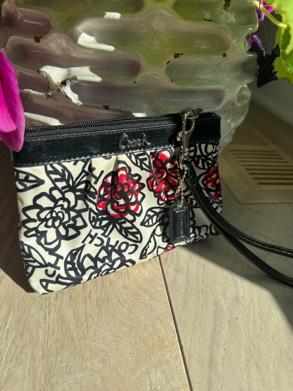 Coach Black White & Red Floral Wristlet Clutch
